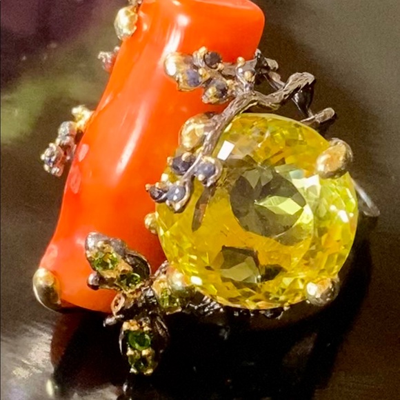 Masterpiece Genuine Lemon Quartz Coral Ring with Gems - Picture 9 of 9